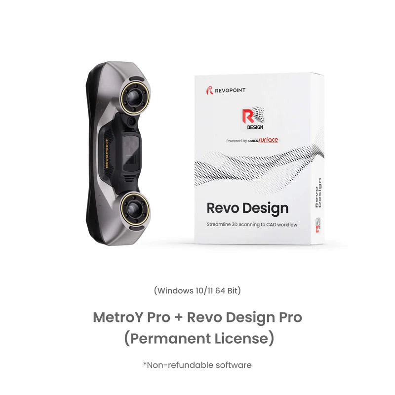 3D scanning device and Revo Design software packaging on a white background