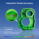 A green metallic industrial engine block or transmission housing component shown on a blue gradient background with text reading 'Industrial-Grade Accuracy' and measurement callouts including 'Single-Frame Accuracy Up to 0.03 mm' and 'Volumetric Accuracy 0.