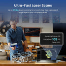 A man in a workshop uses a handheld laser scanner to measure a metal engine block, with a laptop showing a 3D scan render and text overlays highlighting ultra-fast laser scanning up to 105 FPS.