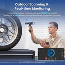 A promotional graphic for an outdoor wheel scanner and real-time monitoring device. A man is shown holding the handheld scanner near a car wheel, with text highlighting features like up to 100,000 lux sunlight resistance and 4-hour wireless battery life.