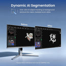 Promotional graphic for a computer monitor featuring a 'Before' and 'After' comparison of dynamic AI segmentation. The monitor displays a 3D model of a ship's wheel with the AI background removed on the right, compared to the full scene on the left.