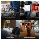 A four-panel collage showing a handheld laser scanner being used in different contexts: reverse engineering a model in a workshop, 3D printing a wooden object, product design on a laptop, and scanning a carved brown vase for historical preservation.