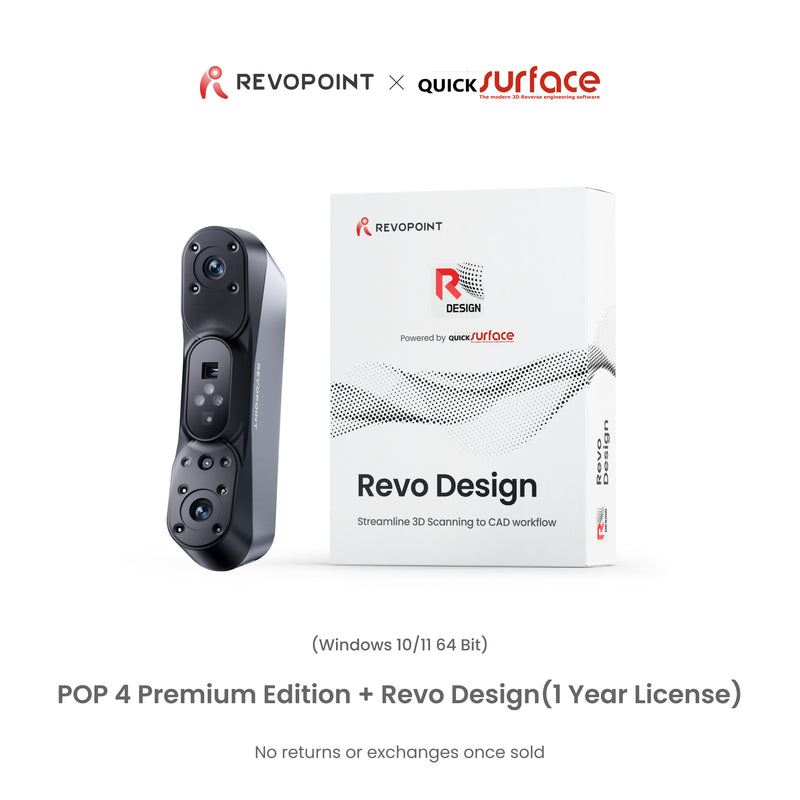Revopoint x QuickSurface Revo Design software package and controller shown on a white background, with text indicating Pop 4 Premium Edition + Revo Design 1 Year License for Windows 10/11 64 Bit.