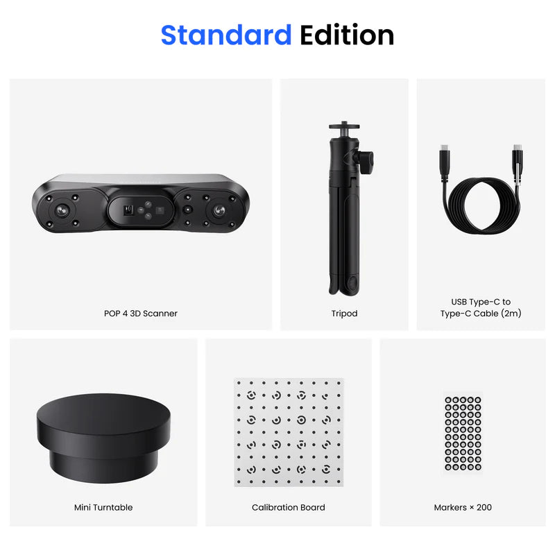 Collection of 3D scanning equipment including a POP 4 3D scanner, tripod, cable, turntable, calibration board, and markers on a white background.
