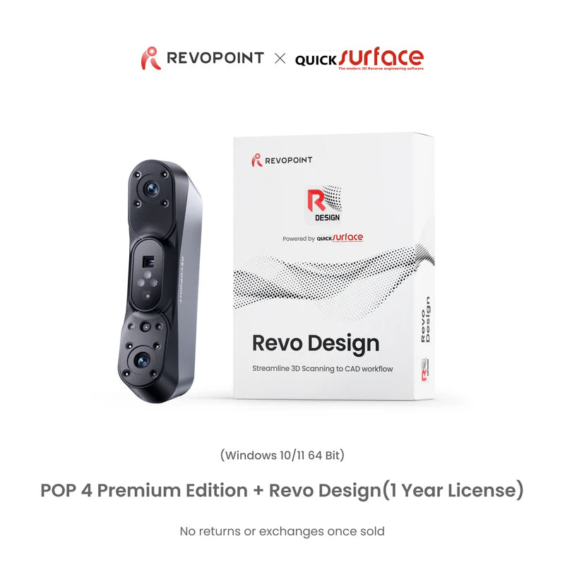 Revopoint QuickSurface Revo Design POP 4 Premium Edition software package and controller shown on a white background, with Revopoint and QuickSurface branding at the top and product text at the bottom.