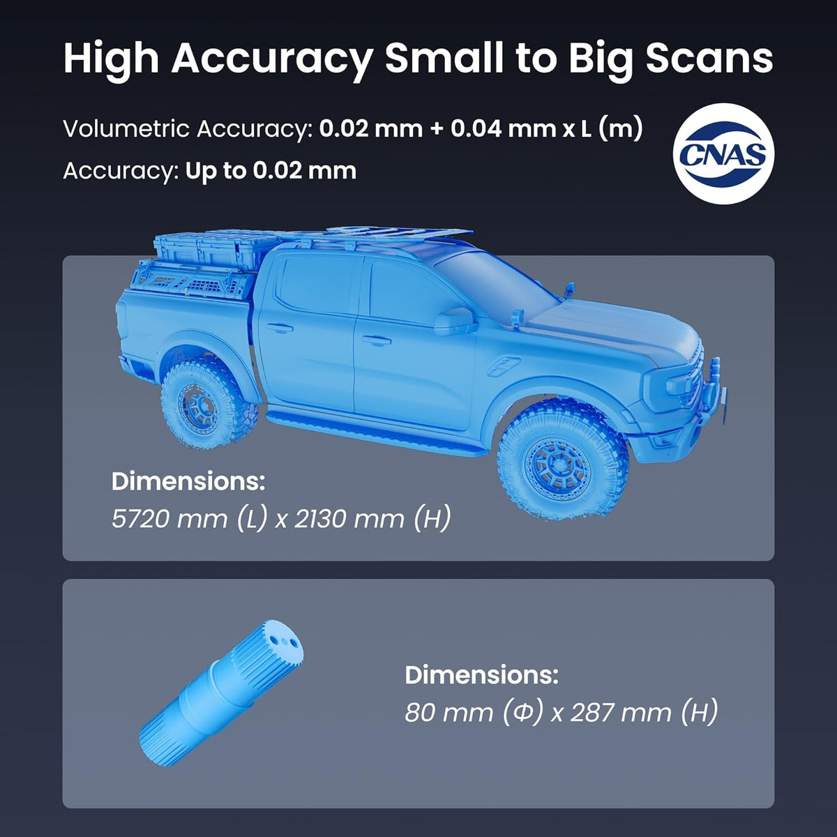 Blue 3D model of a vehicle and cylindrical object with scan accuracy details on a dark background.