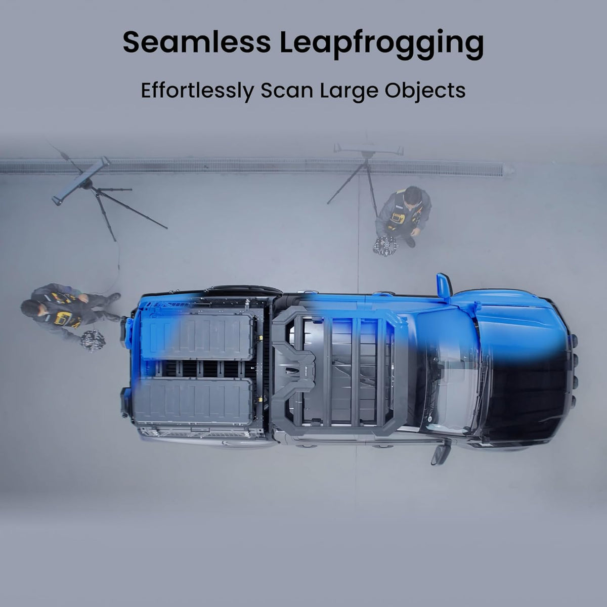 Blue car with scanning equipment on a gray background, text 'Seamless Leapfrogging Effortlessly Scan Large Objects'.