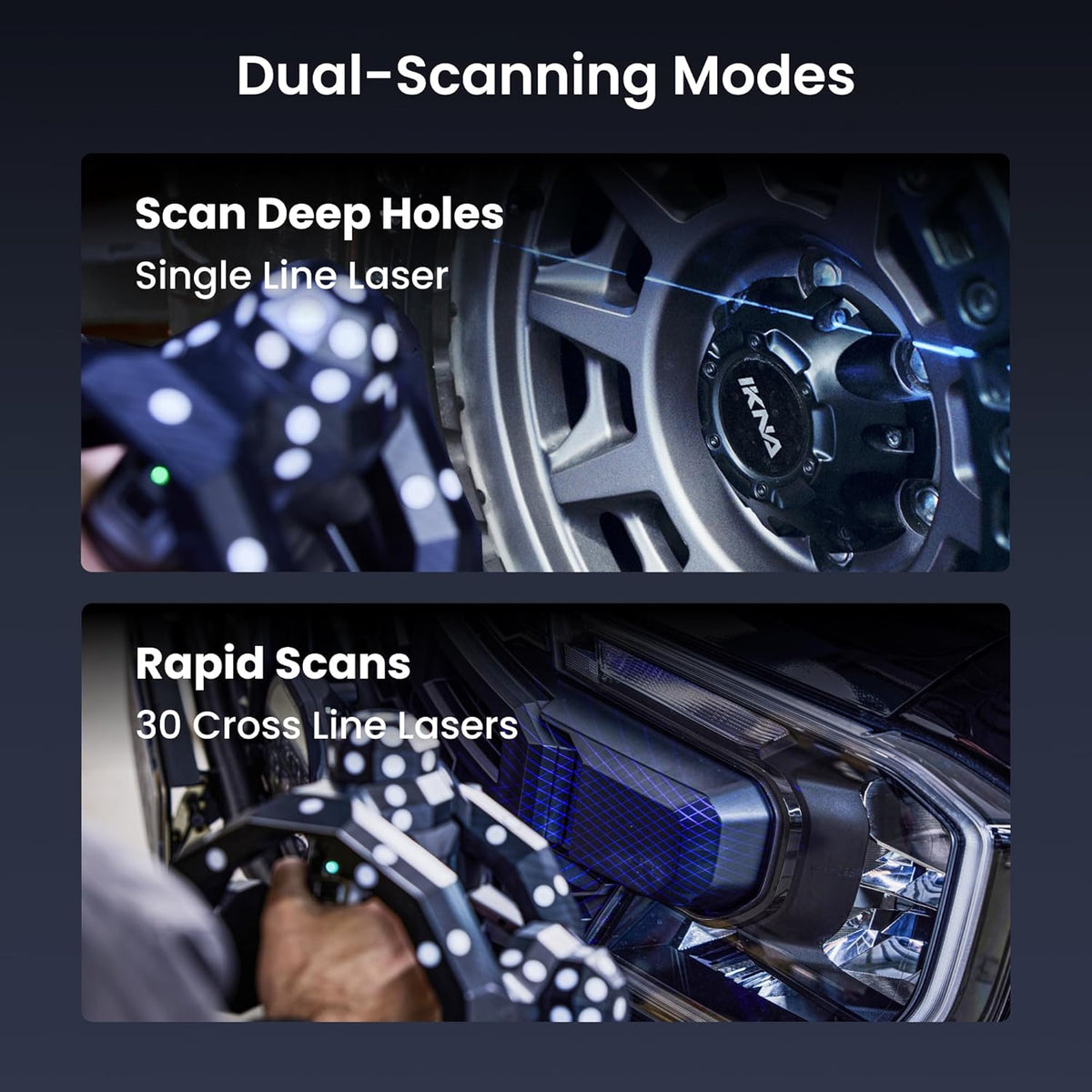 Dual-scanning modes for a vehicle inspection tool with laser technology.