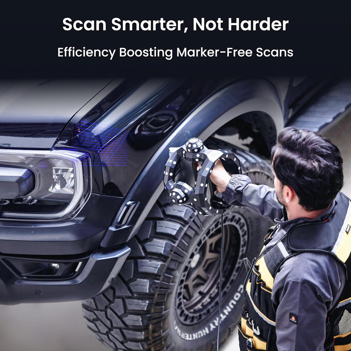 Person working on a vehicle's wheel with text about efficiency boosting marker-free scans.