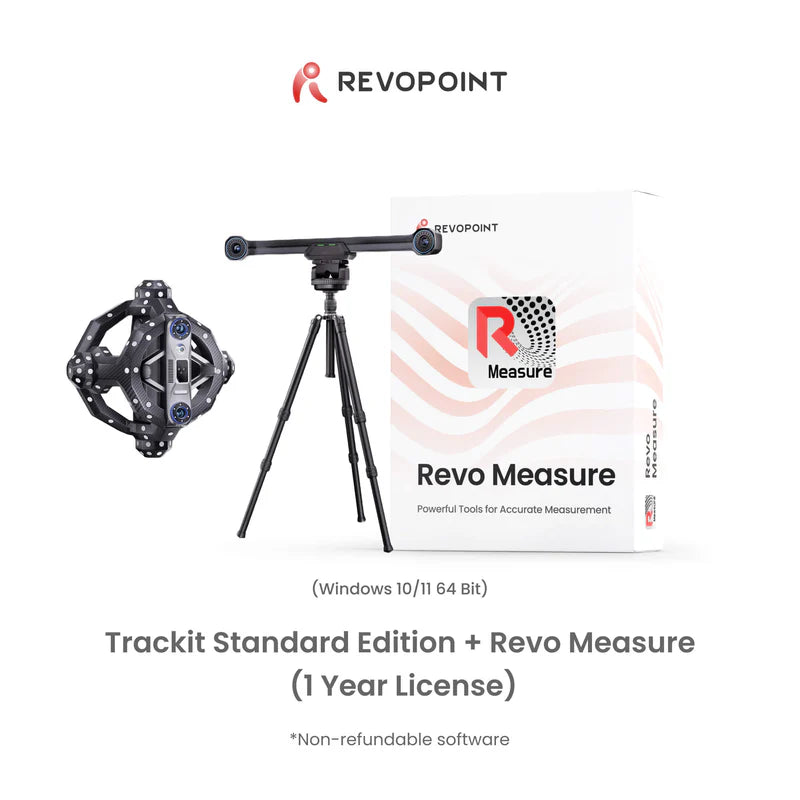 Revopoint measurement tools including a device, tripod, and Revo Measure software package on a white background.