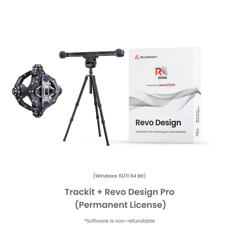 3D scanning device, tripod, and Revo Design software package on a white background
