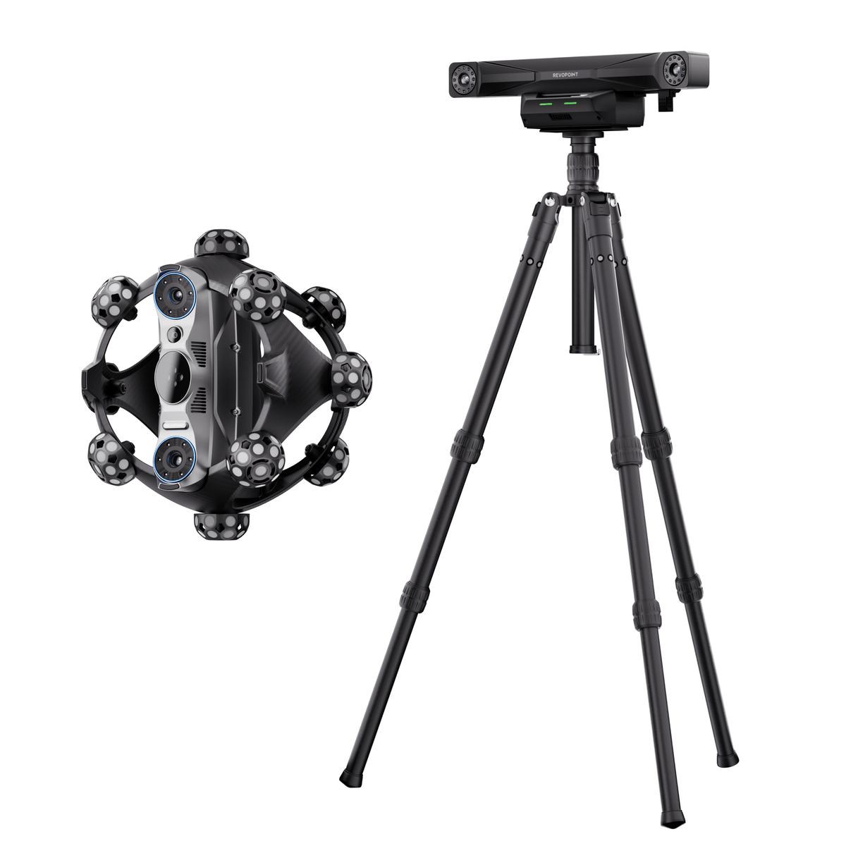 A black omnidirectional 360-degree action camera shown both floating and mounted on a black tripod against a plain white background.