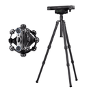 A black omnidirectional 360-degree action camera shown both floating and mounted on a black tripod against a plain white background.