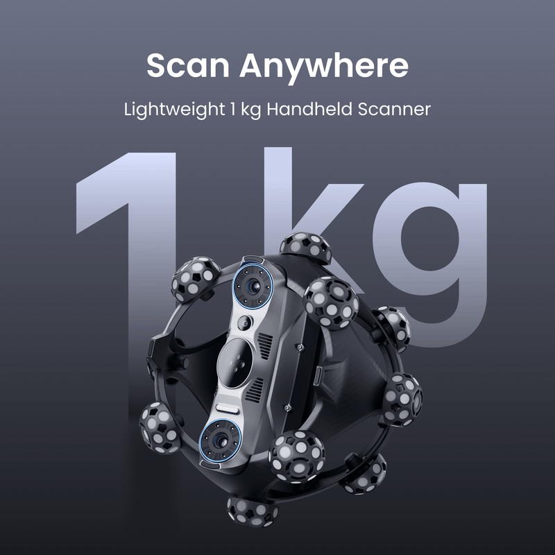 A handheld 1 kg scanner device with multiple cameras and spherical sensors, shown on a dark gray background with text reading 'Scan Anywhere' and 'Lightweight 1 kg Handheld Scanner'.