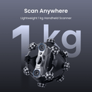 A handheld 1 kg scanner device with multiple cameras and spherical sensors, shown on a dark gray background with text reading 'Scan Anywhere' and 'Lightweight 1 kg Handheld Scanner'.