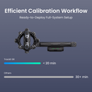 Promotional graphic for a tracking system showing a black multi-camera gimbal setup on a slate blue background, with text reading 'Efficient Calibration Workflow' and comparison metrics for Trackit SR and others.