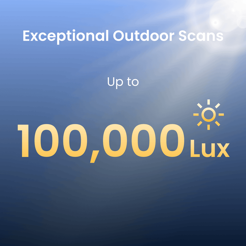 Promotional graphic with the text 'Exceptional Outdoor Scans' and 'Up to 100,000 Lux' on a blue gradient background with sun rays and a small sun icon.