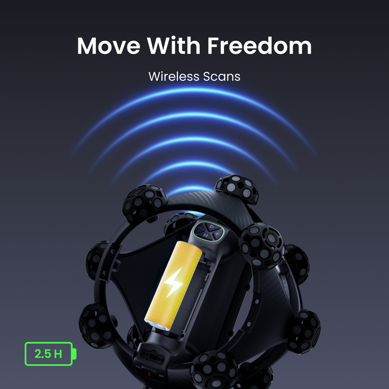 A black wireless scanning device with multiple circular sensors and a yellow battery compartment, shown on a dark background with blue wireless signal waves and the text 'Move With Freedom' and 'Wireless Scans'.