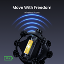 A black wireless scanning device with multiple circular sensors and a yellow battery compartment, shown on a dark background with blue wireless signal waves and the text 'Move With Freedom' and 'Wireless Scans'.