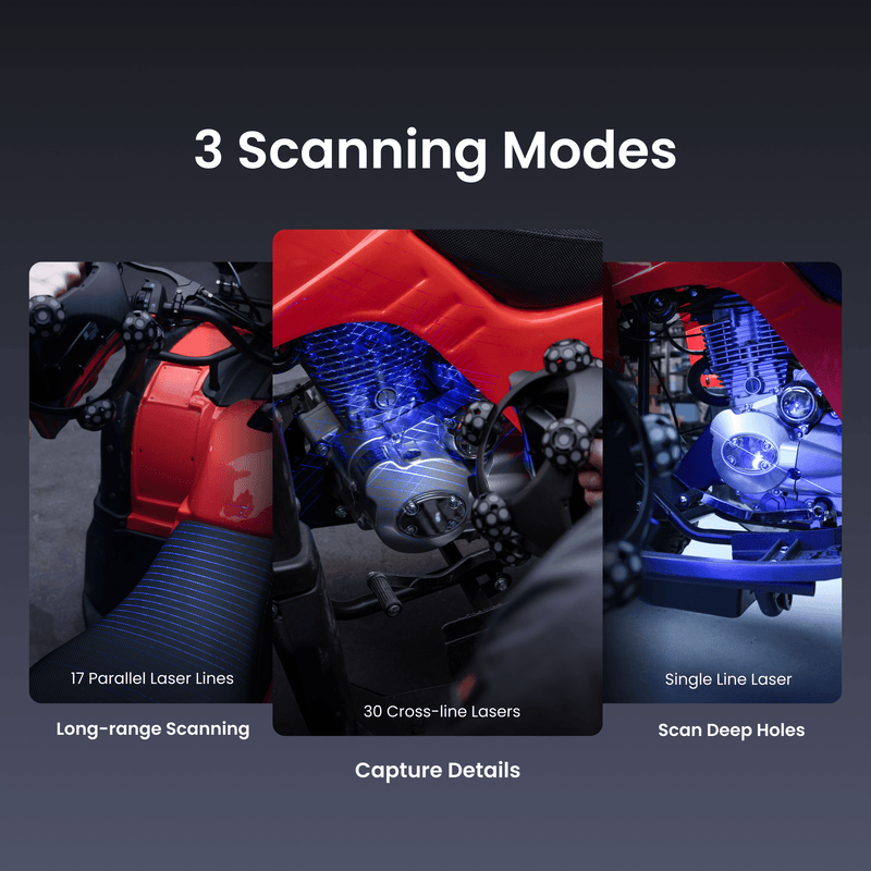 A promotional graphic showing three laser scanning modes for inspecting a red motorcycle engine, with text labels for '3 Scanning Modes' and descriptions of parallel laser lines, cross-line lasers, and single line laser.