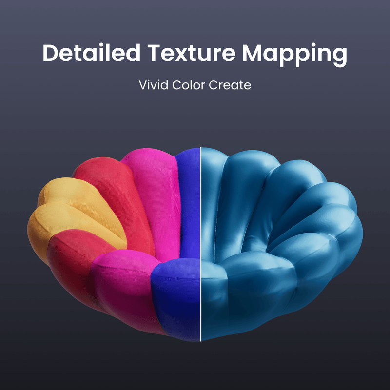 A 3D-rendered shell-shaped object shown on a dark gradient background with the text 'Detailed Texture Mapping' and 'Vivid Color Create.' The object is split vertically into multiple bright color sections including yellow, red, pink, blue, and purple, suggesting a digital texture or color-mapping product or service preview.