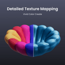 A 3D-rendered shell-shaped object shown on a dark gradient background with the text 'Detailed Texture Mapping' and 'Vivid Color Create.' The object is split vertically into multiple bright color sections including yellow, red, pink, blue, and purple, suggesting a digital texture or color-mapping product or service preview.