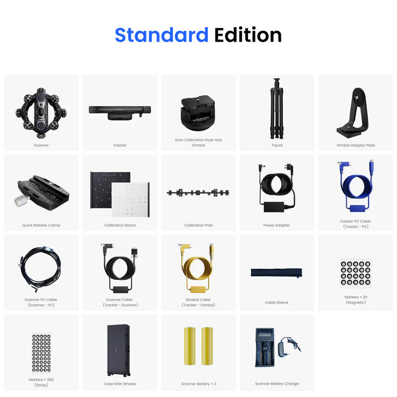 A product bundle grid for the Standard Edition, showing 15 different components such as a scope, tracker, tripod, adapter, cables, and batteries arranged in a 3x5 layout on a white background with blue and black text at the top.