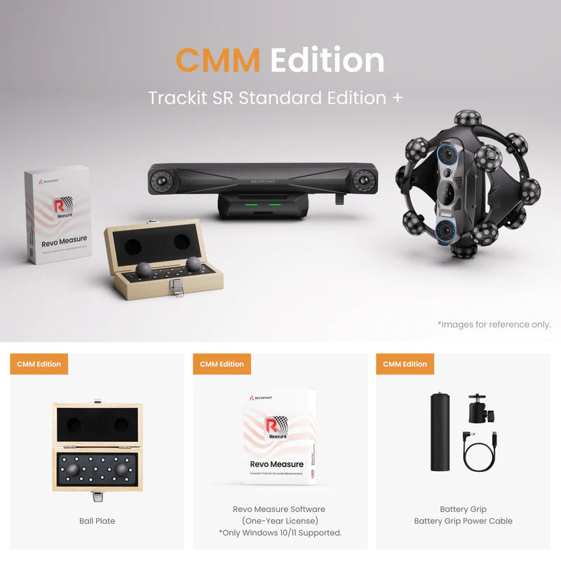CMM Edition Trackit SR Standard Edition + bundle set featuring a black 3D tracking headset, a wooden presentation box, software box, and a ball plate, displayed on a clean light gray background with smaller product views below.
