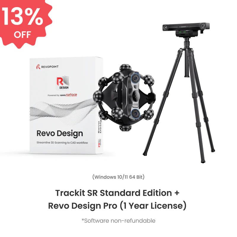 Trackit SR Standard Edition and Revo Design Pro software package, featuring a black 3D tracking robot, a white product box with Revo Design branding, a black tripod, and a red '13% OFF' promotional badge on a white background.