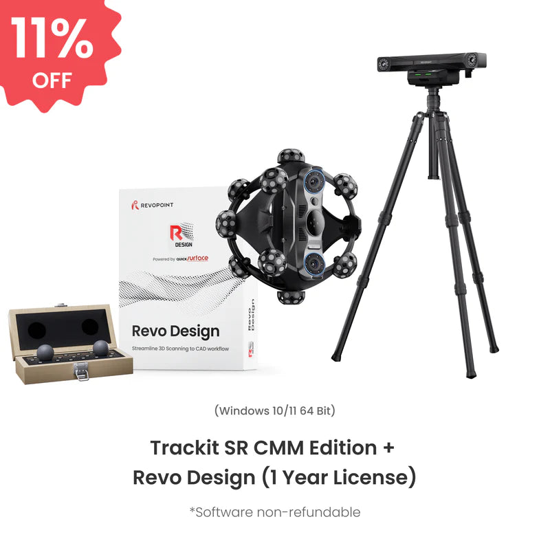 Trackit SR CMM Edition and Revo Design 1 Year License bundle on a white background with a red '11% OFF' badge. The bundle includes a black 3D optical tracking rig on a tripod, a white Revo Design software box, a small wooden case with two black spheres, and text specifying Windows 10/11 64 bit.