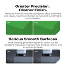 Advertisement for a product with green and black sections, highlighting precision and smooth surfaces.