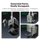 Three components of a SPARKX i7 Combo 3D Printer system with text highlighting easy swappable parts on a dark background.