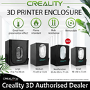 Promotional overview of the Creality 3D Printer Enclosure line, highlighting four core features: good heat preservation, flame retardant, rub resistance, and removable design. The image displays four sizes side-by-side: Large, Medium, the new Multifunction, and Small, and features a 'Creality AU Authorised Dealer' badge to establish local trust.