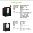 Technical product parameters for the Creality Multifunction and Small 3D Printer Enclosures. It details dimensions, weight, and the flame-retardant aluminium foil material, alongside a comprehensive list of compatible Creality models including the Ender-3 series, Ender-5 series, and CR-10S Pro.
