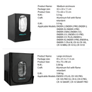 Technical product parameters for the Creality Medium and Large 3D Printer Enclosures. It lists dimensions, weights, and the flame-retardant aluminium foil material, detailing extensive compatibility with larger Creality models like the Ender-3 Max, Ender-5 Plus, and CR-10 Smart series.