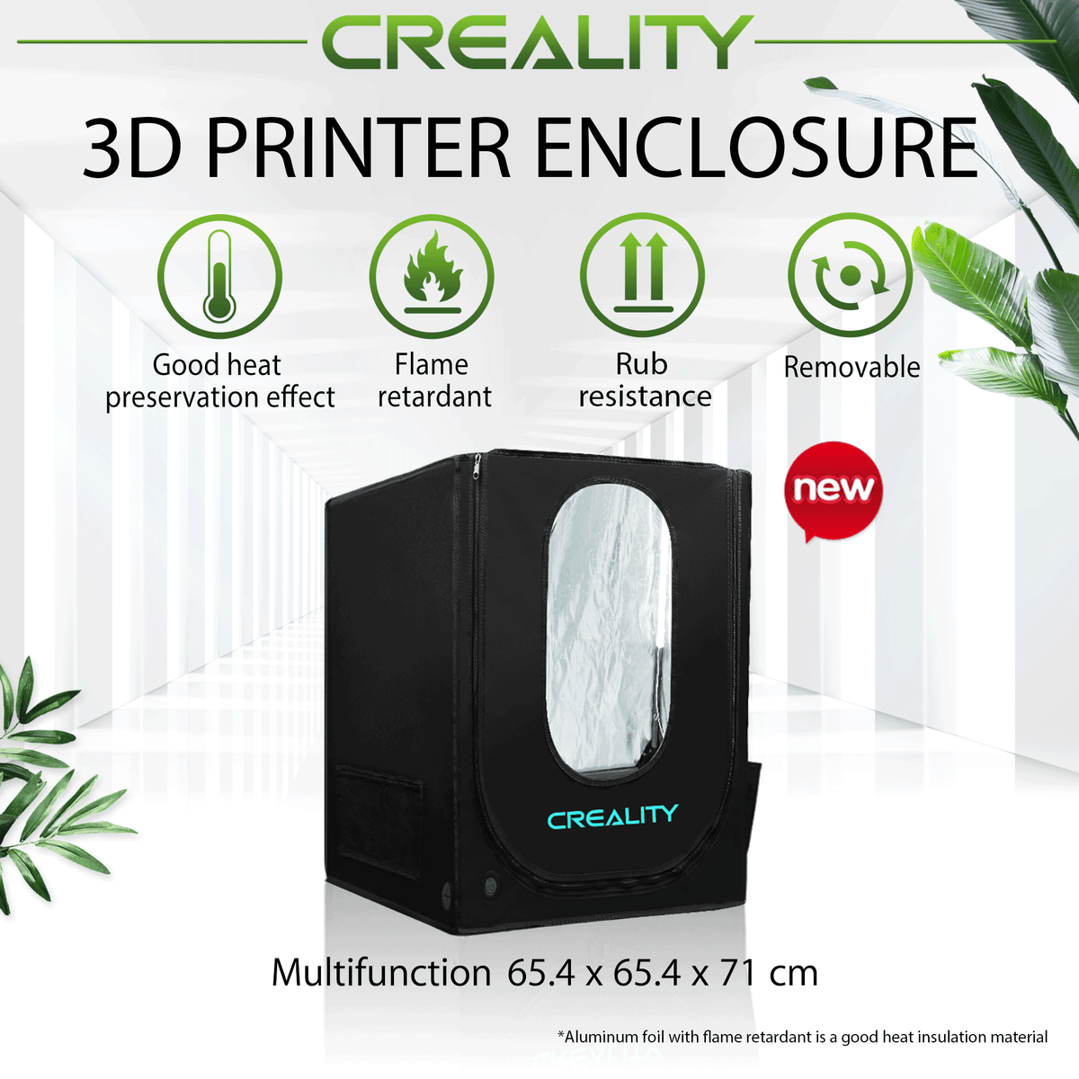 Creality Multifunction 3D printer enclosure feature graphic showing the cover and removable frame.