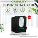 Highlight of the new Creality Multifunction 3D Printer Enclosure, measuring 65.4 by 65.4 by 71 cm. The graphic reiterates its core benefits for a stable printing environment: good heat preservation, flame retardant interior, rub-resistant exterior, and a convenient removable structure.