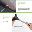 Close-up demonstrations of the Creality enclosure's safety and assembly features. The top section shows a direct flame being applied to the internal flame-retardant aluminium foil to prove its high-temperature resistance. The bottom section shows hands easily assembling the sturdy iron pipe supports into a 3-way corner connector.