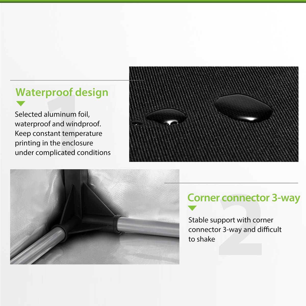 Creality enclosure details showing water droplets on the black outer fabric and a corner connector inside the frame.