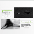 Detailed views of the Creality enclosure's construction. The top image shows water droplets resting on the black waterproof and windproof exterior fabric. The bottom image shows an internal view of the sturdy 3-way corner connector securely holding the iron frame, ensuring stable support that reduces shaking during printing.