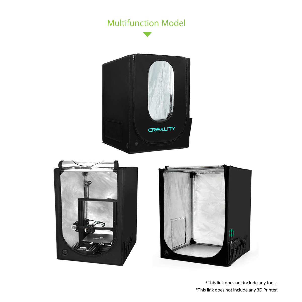 Creality Multifunction enclosure shown closed, with a printer inside, and empty with silver lining and side tool pockets.