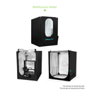 Multi-angle product display specifically for the Creality Multifunction 3D Printer Enclosure model. It displays the sleek black exterior when closed, the interior space with an operating 3D printer, and the empty interior highlighting the silver foil and the dedicated side pockets for storing 3D printing tools.