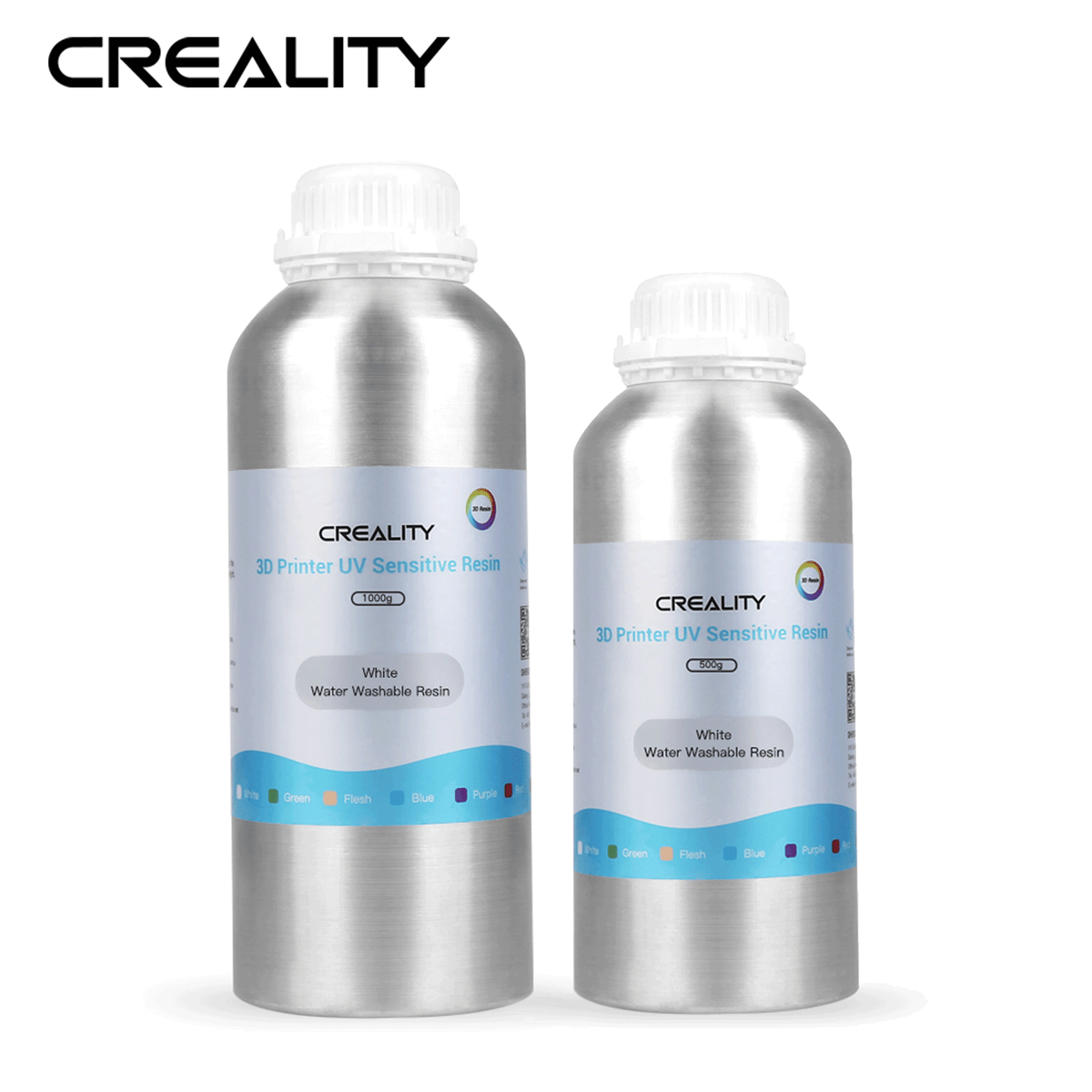 Two silver aluminum bottles of Creality 3D Printer UV Sensitive Resin, showcasing both the 1000g and 500g sizes side-by-side. The front label clearly indicates it is White Water Washable Resin and features the Creality logo above a multi-color spectrum guide for 3D printing materials