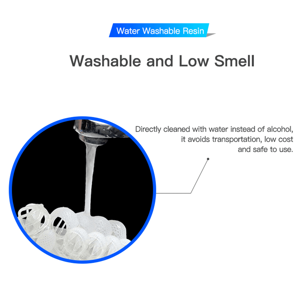 Close-up demonstration of Creality Water Washable Resin models being directly cleaned under running tap water, highlighting its washable and low smell properties that eliminate the need for costly alcohol cleaning.