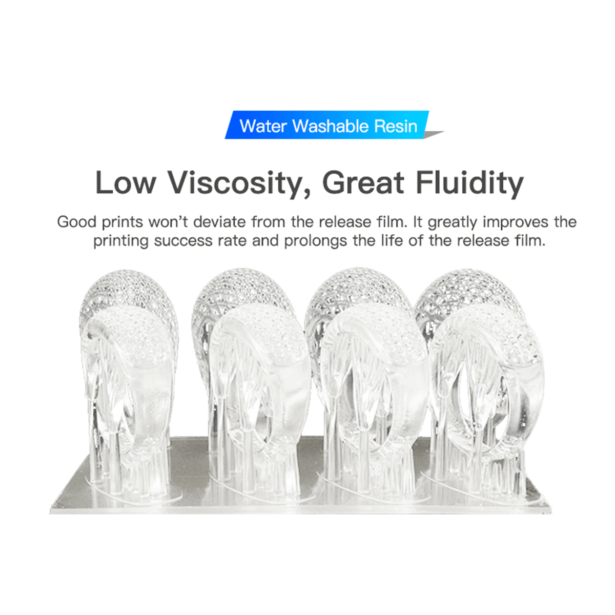 Eight detailed clear 3D printed rings demonstrating the low viscosity and great fluidity of Creality Water Washable Resin, which improves printing success rates and protects the release film.