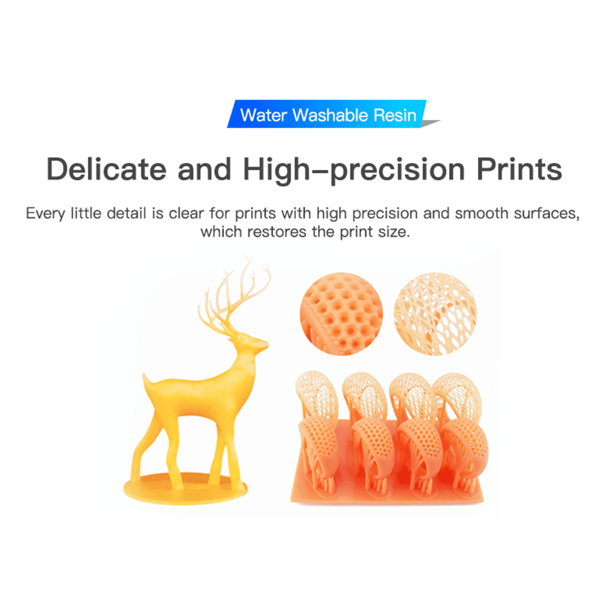 High-precision 3D printed models, including a yellow stag and intricate lattice structures, showcasing the delicate, clear details and smooth surfaces achieved with Creality Water Washable Resin.