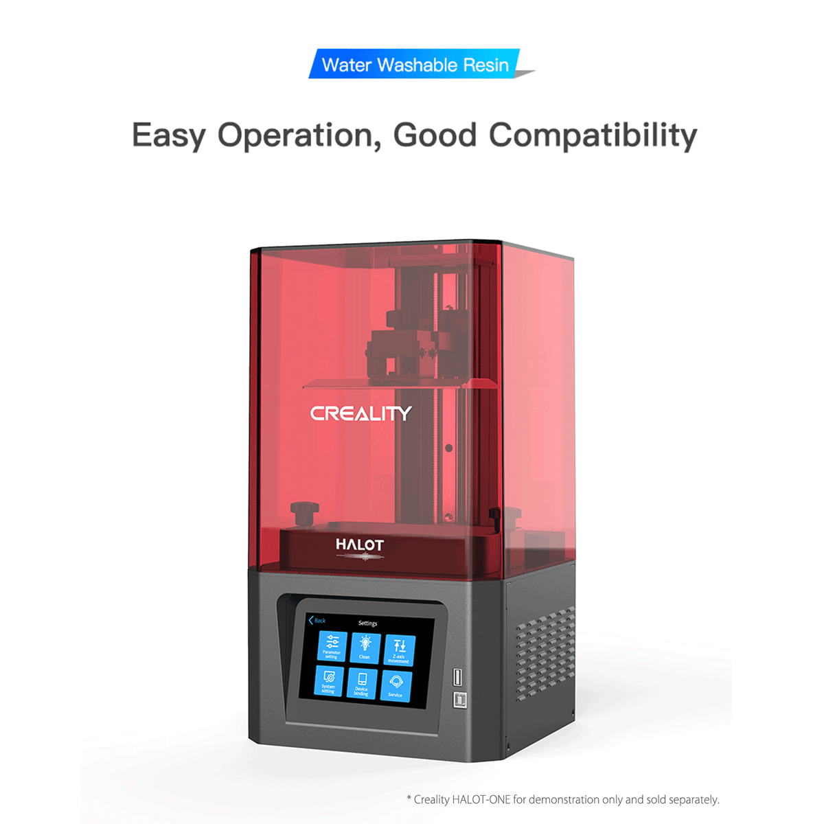 A red Creality Halot resin 3D printer in operation, demonstrating the easy operation and good compatibility of Creality Water Washable Resin with standard LCD and DLP printers.