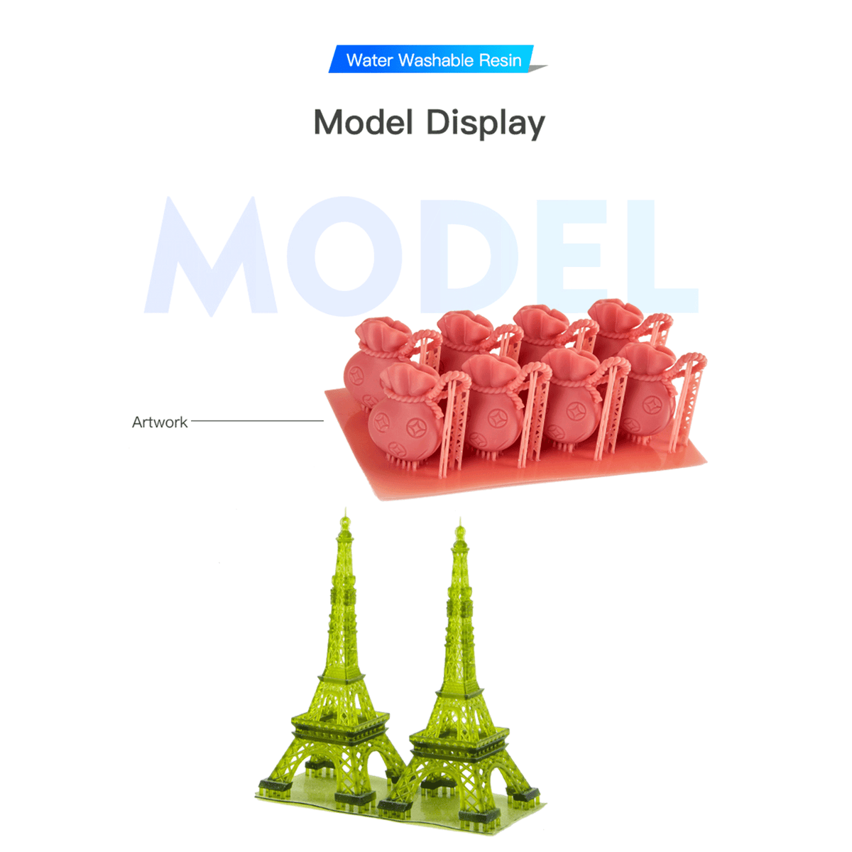 3D printed model display of Creality Water Washable Resin, featuring detailed red artwork pouches and intricate green Eiffel Tower replicas.