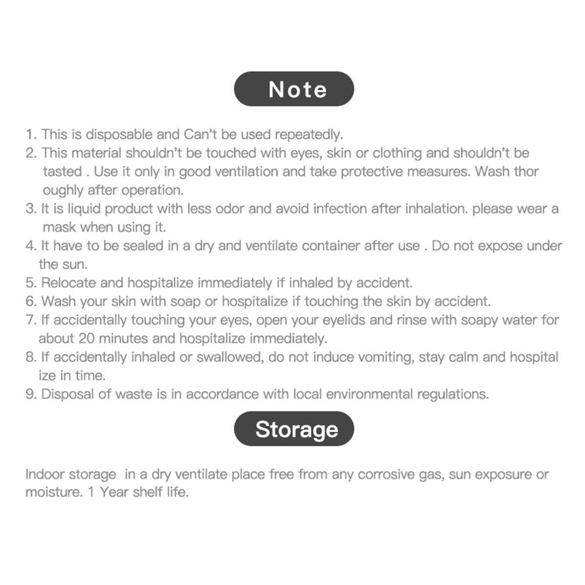 Safety notes and storage instructions for Creality 3D printing resin, advising users to wear a mask, wash skin with soap if touched, and store indoors in a dry, ventilated place with a 1-year shelf life.