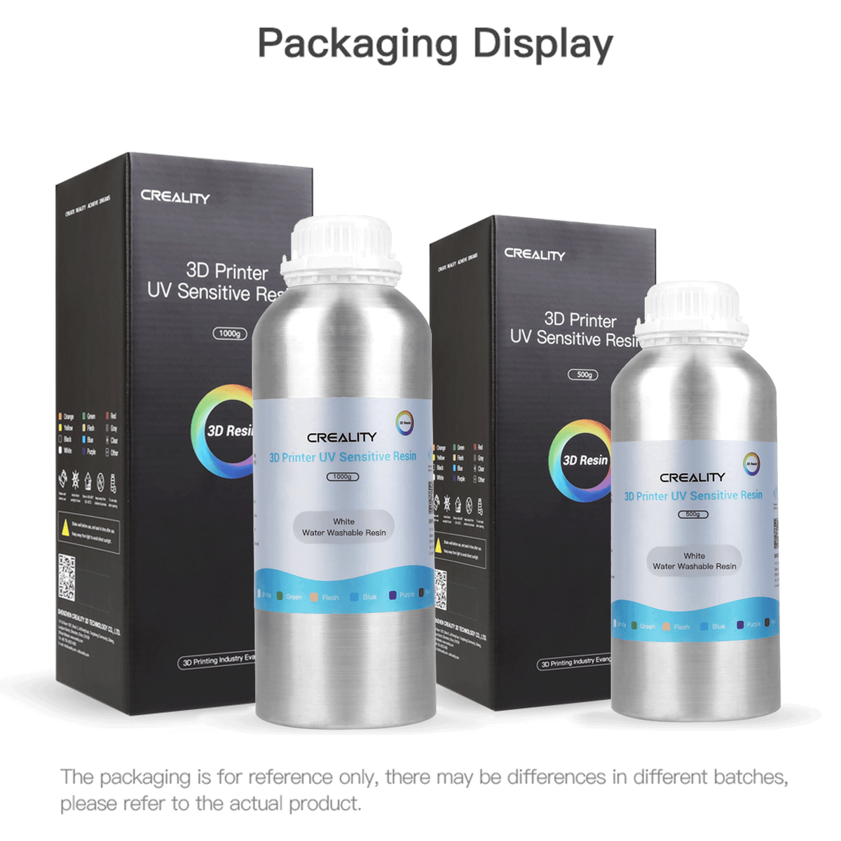 Packaging display for Creality 3D Printer UV Sensitive Water Washable Resin, showing both the 1000g and 500g silver aluminium bottles alongside their premium black retail boxes.